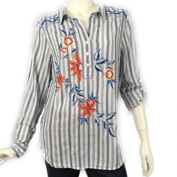 Karen Kane Tops - Karen Kane Boho Shirt Striped Embroidered Blue M
